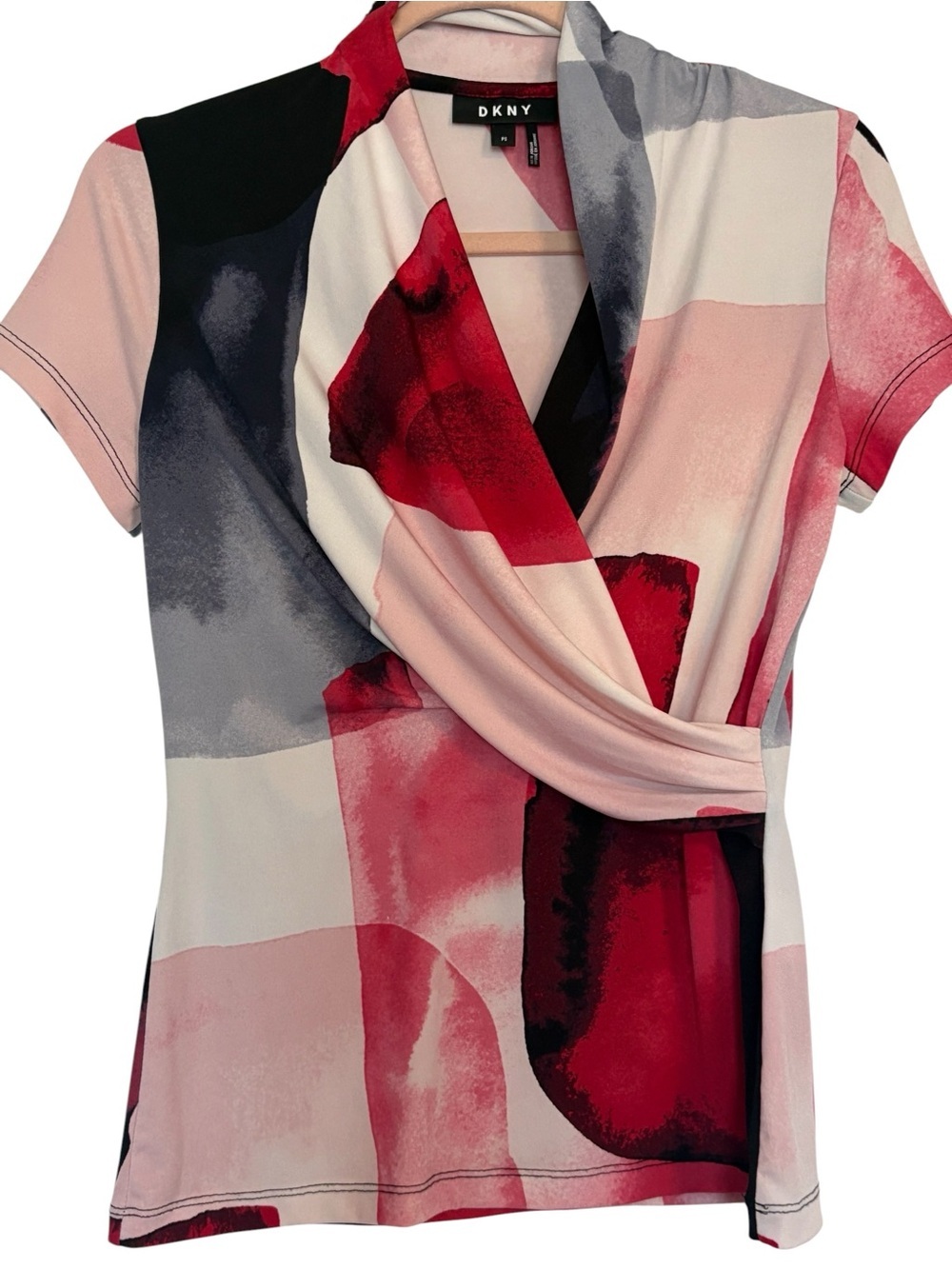 DKNY Red and Pink Abstract Draped Top